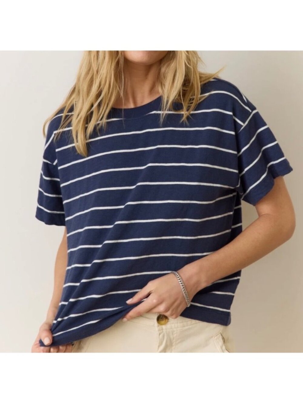 Marine Layer Womens Small Navy and White Striped Sadie Boxy Crop Slub T-shirt